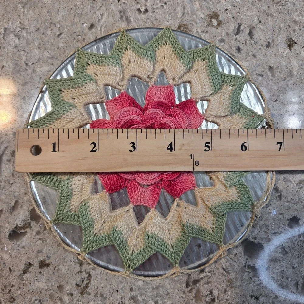 Vintage Handmade Crochet Hot Pad 3D Rose Flower Trivet Pink Green 6.5 Inch